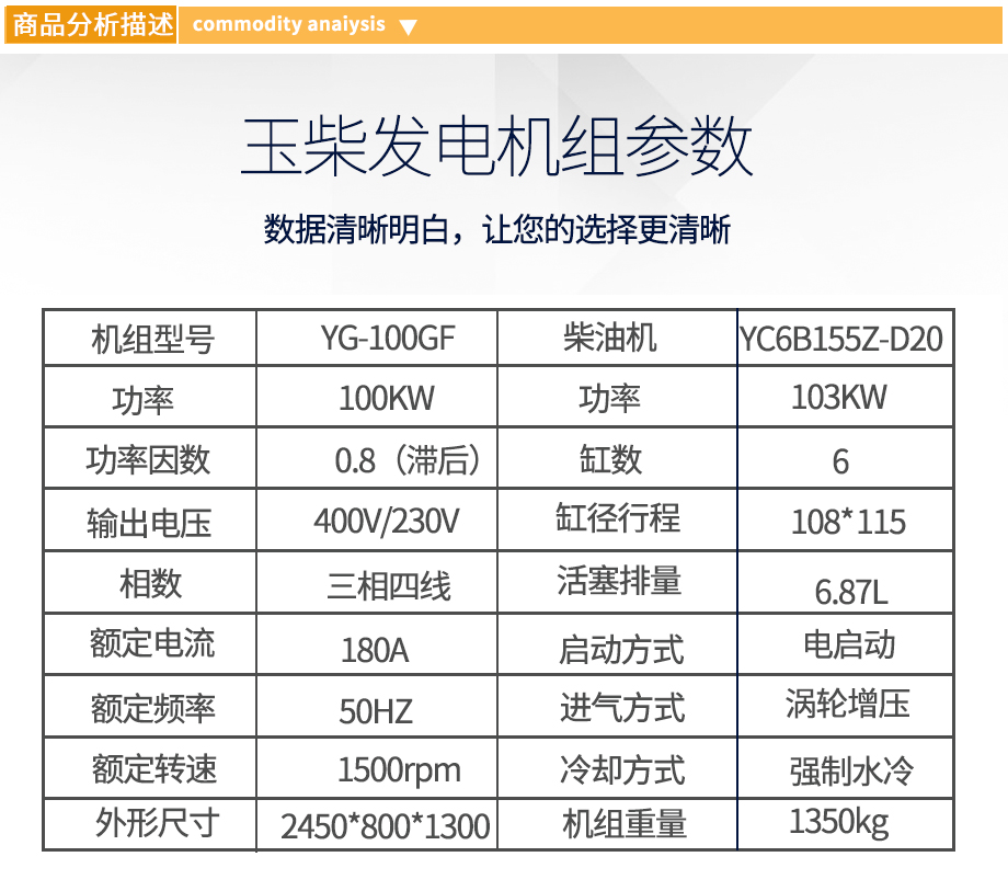 玉柴100KW柴油发电机组参数